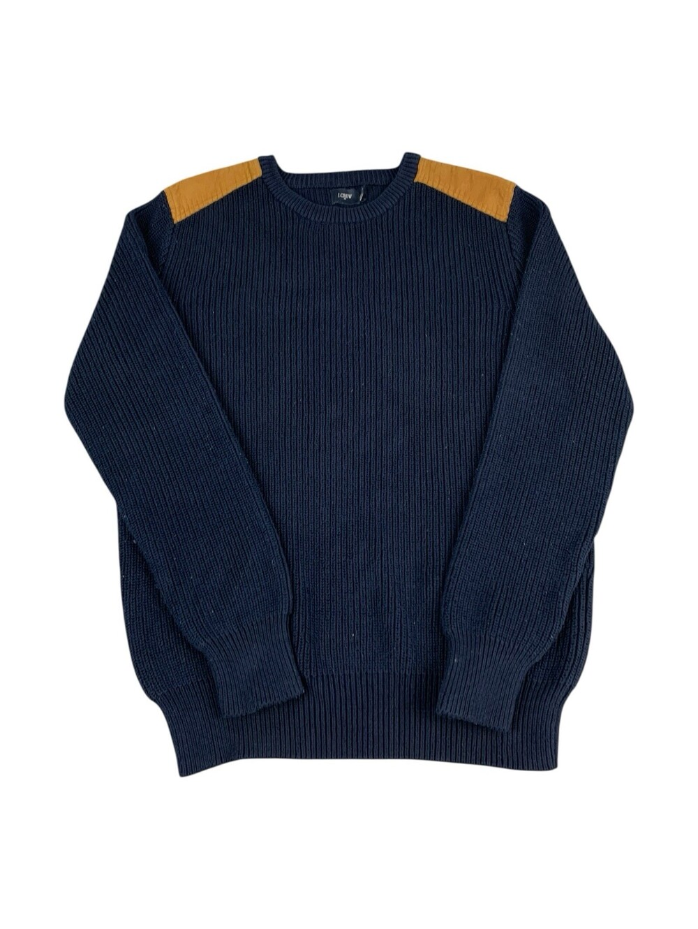 J Crew Chunky Ribbed Knit Crewneck Sweater Blue Mens Large Suede Patch Woodsman